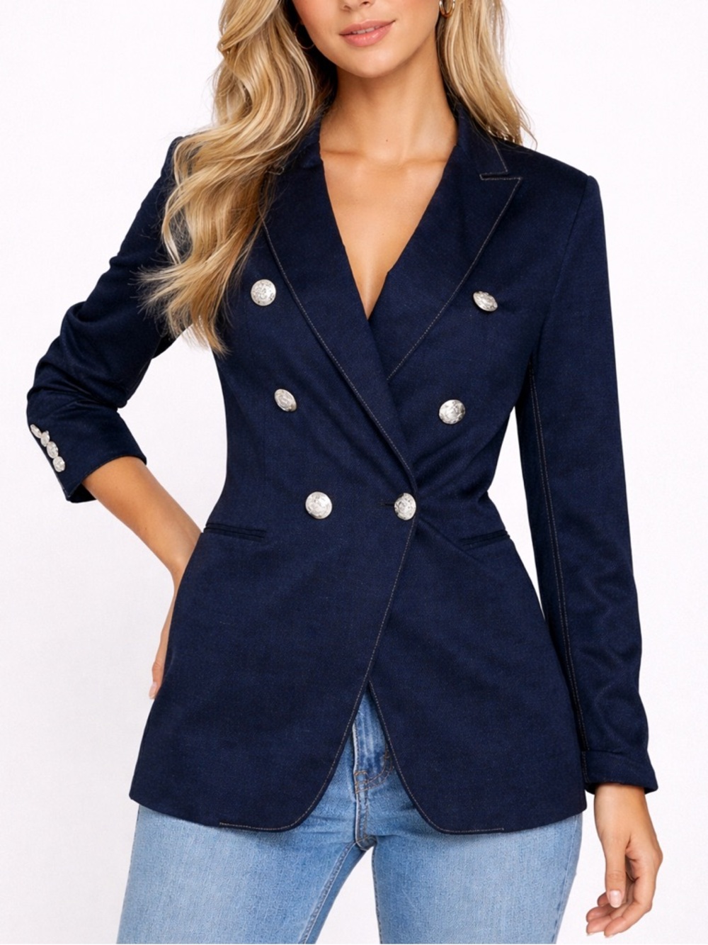 Tahari Denim Knit Long Double Breasted Power Blazer, size 4